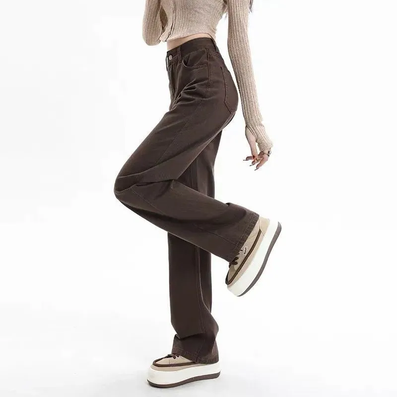2024 Autumn/Winter New Meilade Brown Wide-Leg Jeans for Women – High-Waist Slimming Straight-Leg Floor-Length Pants