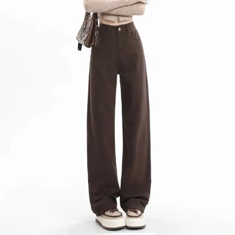 2024 Autumn/Winter New Meilade Brown Wide-Leg Jeans for Women – High-Waist Slimming Straight-Leg Floor-Length Pants