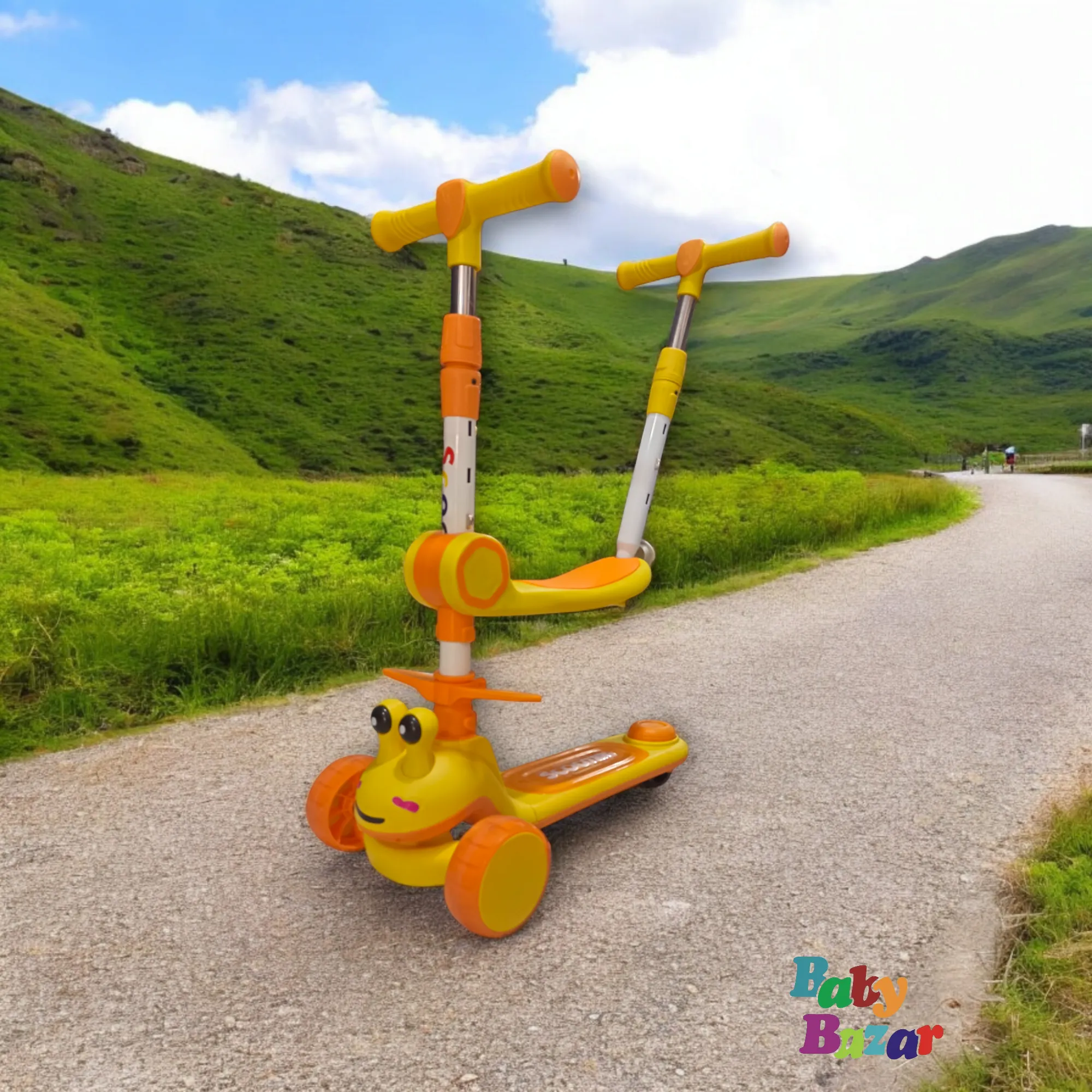 3-Wheel Foldable Kids Scooter with LED Light-Up Wheels, Dual Handles, and Fun Cartoon Design