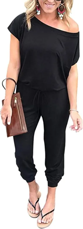 Black Women's Loose Solid Off Shoulder Elastic Waist Stretchy Long Romper Jumpsuit - PRETTYGARDEN