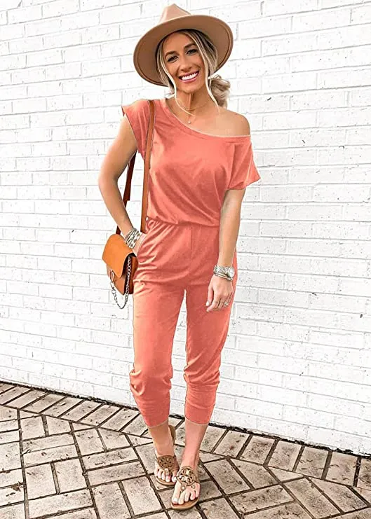 Black Women's Loose Solid Off Shoulder Elastic Waist Stretchy Long Romper Jumpsuit - PRETTYGARDEN