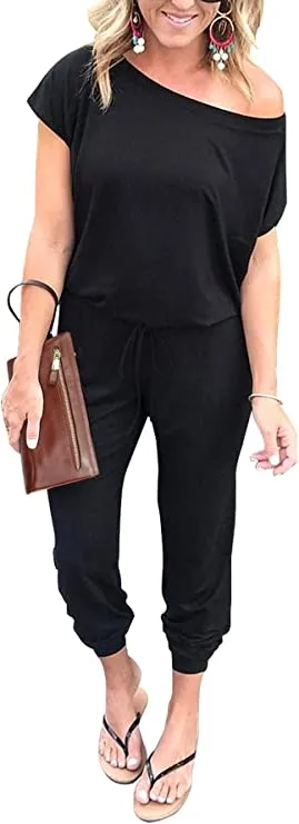 Black Women's Loose Solid Off Shoulder Elastic Waist Stretchy Long Romper Jumpsuit - PRETTYGARDEN