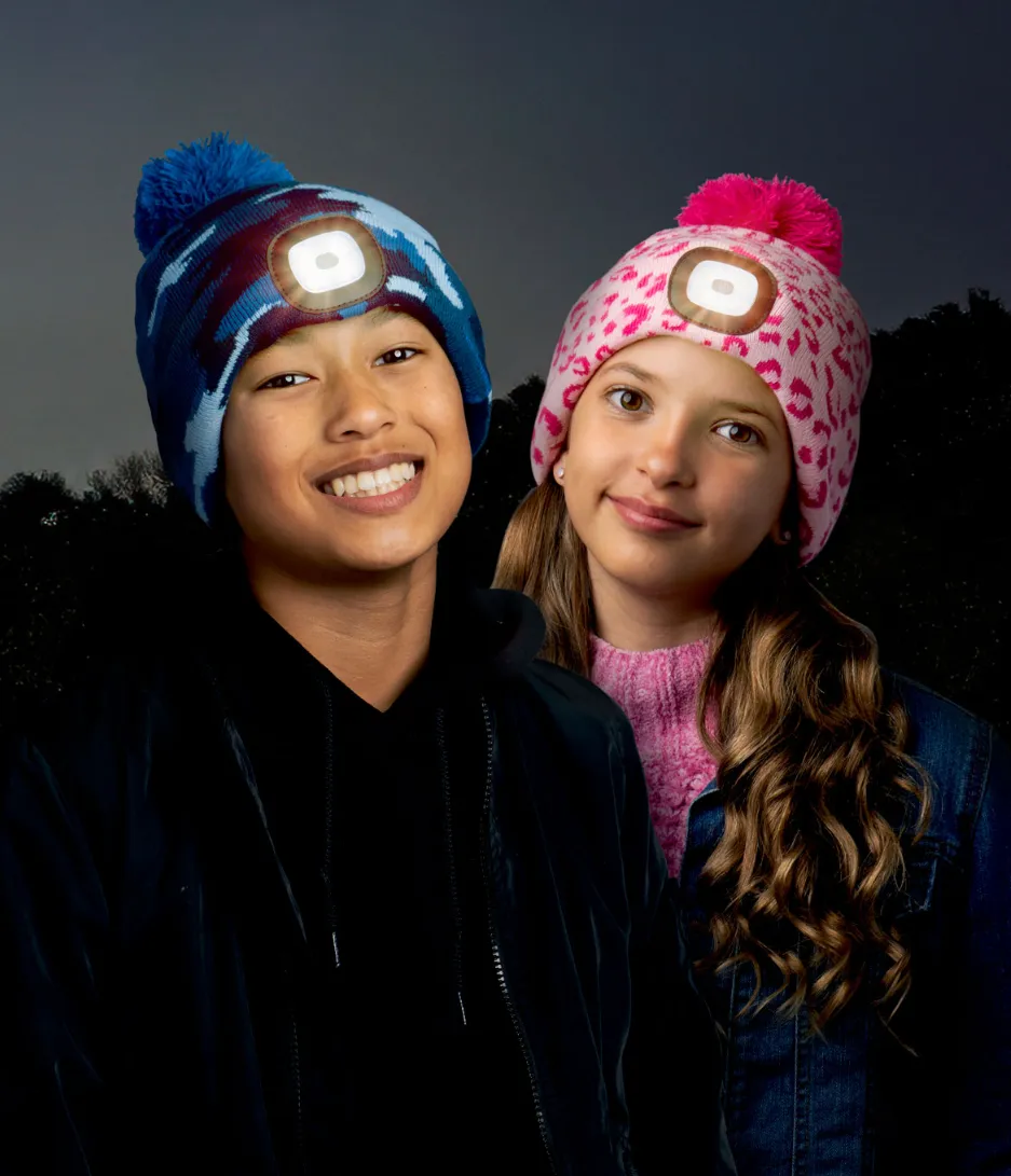 Blue Camo Kids Night Scope™ Rechargeable LED Light Beanie Pom Hat