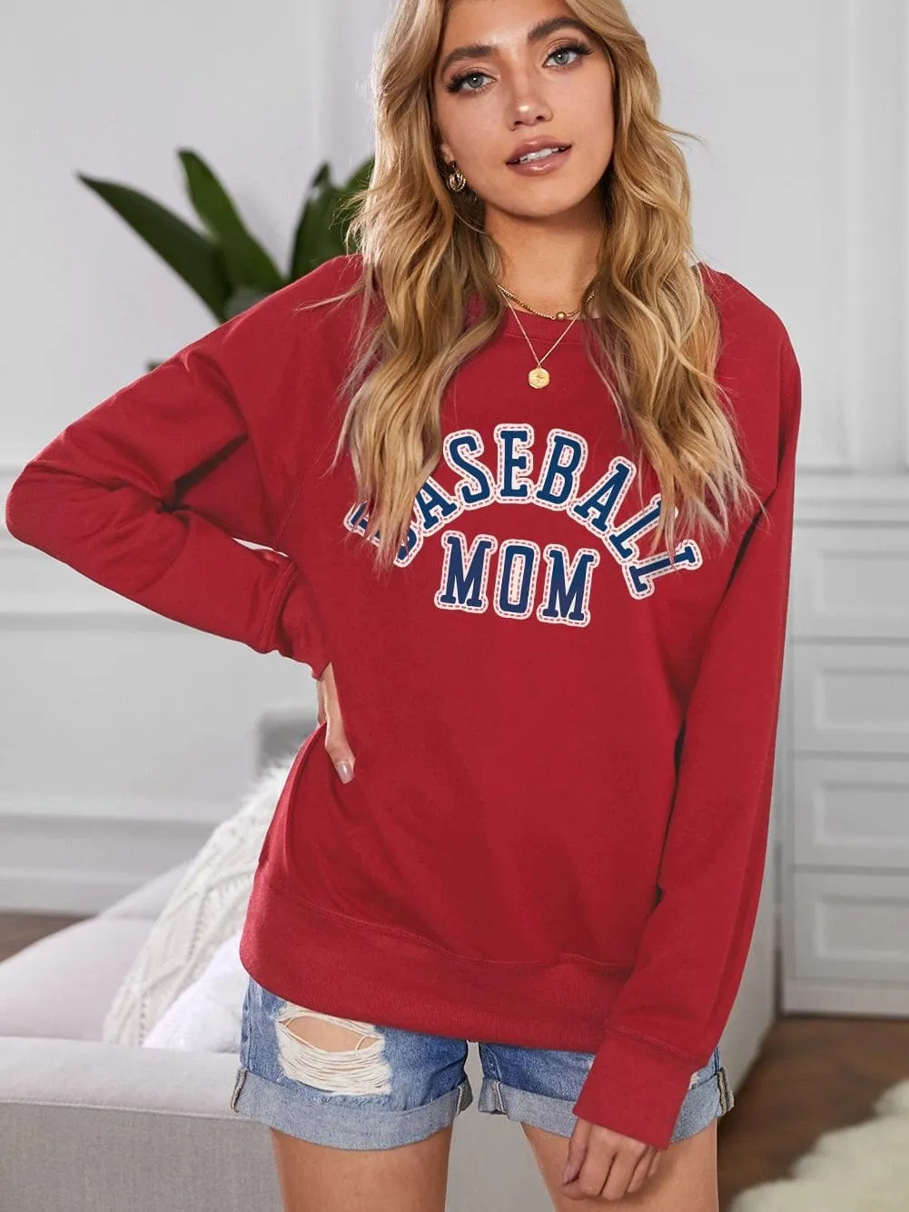 Bold Red Baseball Mom Graphic French Terry Cotton Blend Sweatshirt