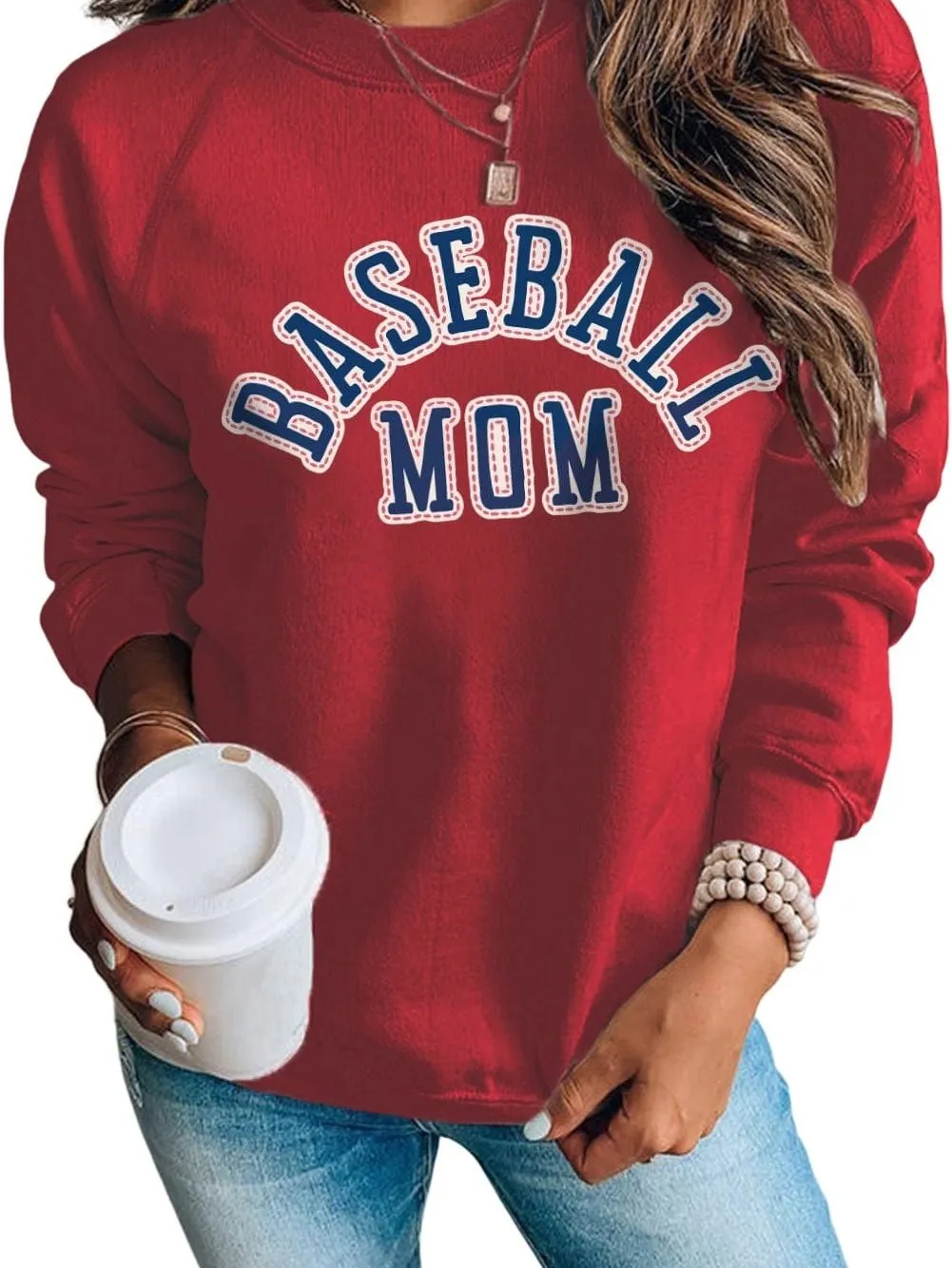 Bold Red Baseball Mom Graphic French Terry Cotton Blend Sweatshirt