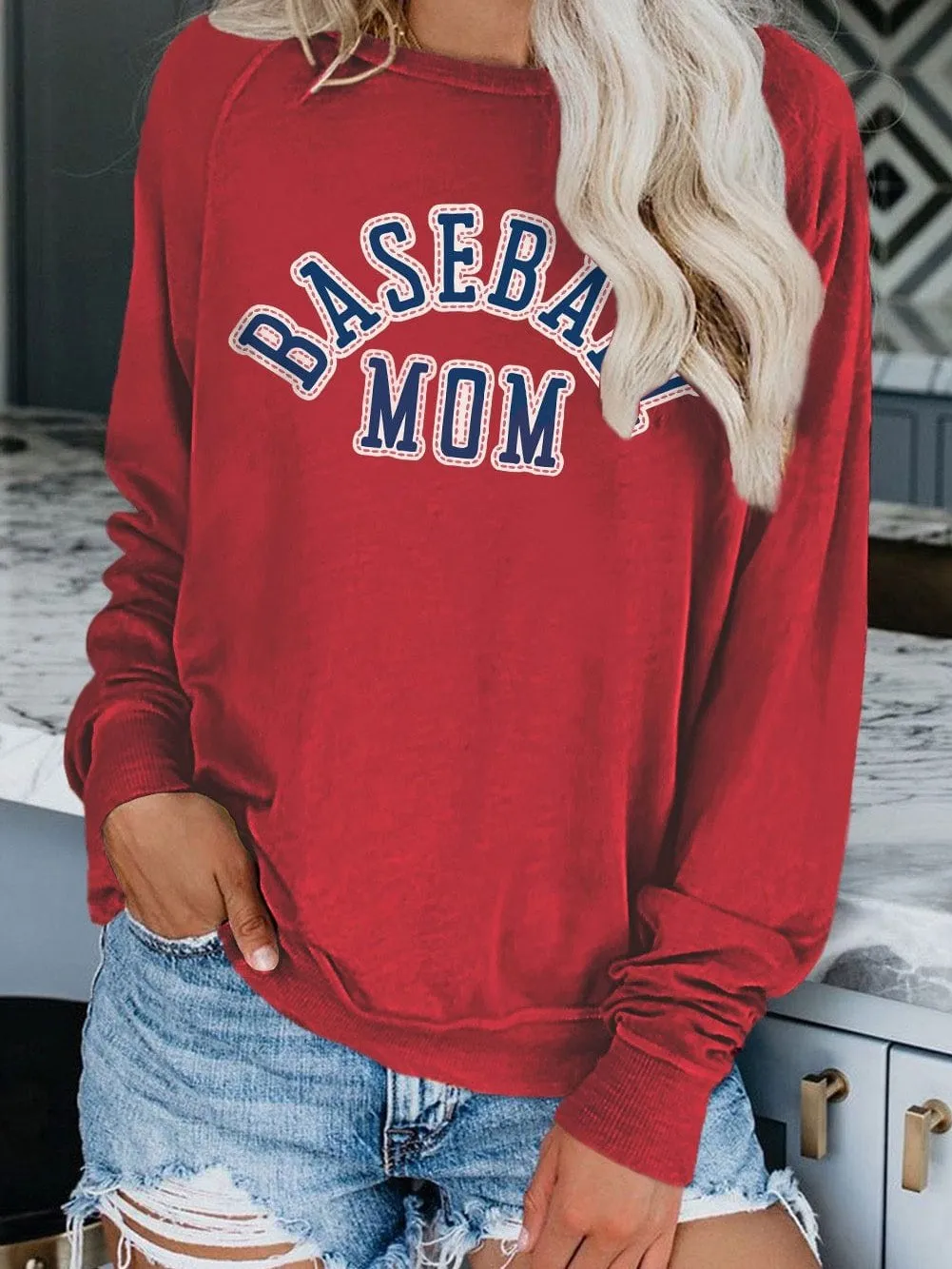 Bold Red Baseball Mom Graphic French Terry Cotton Blend Sweatshirt
