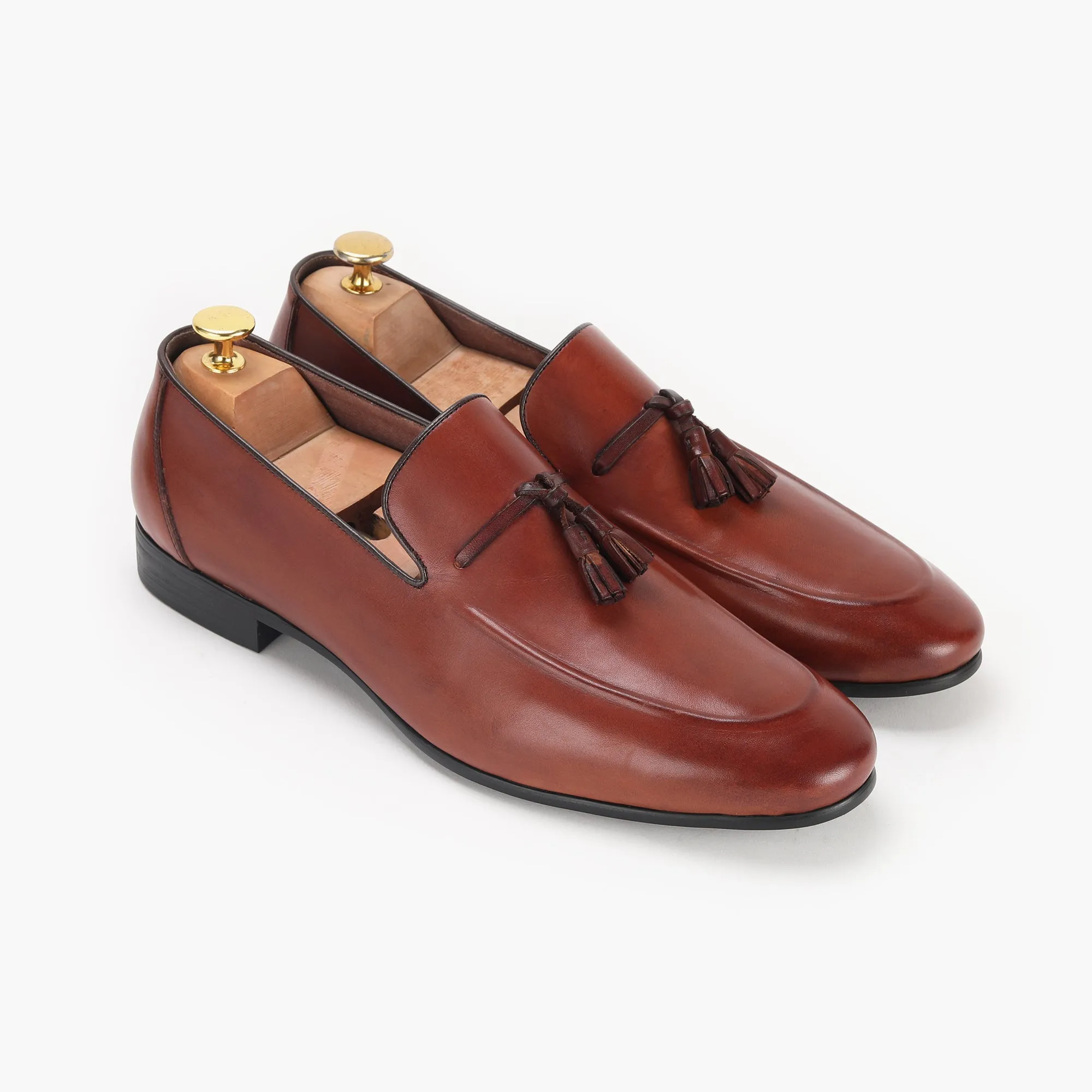 Burnished Leather Tassled Slip Ons
