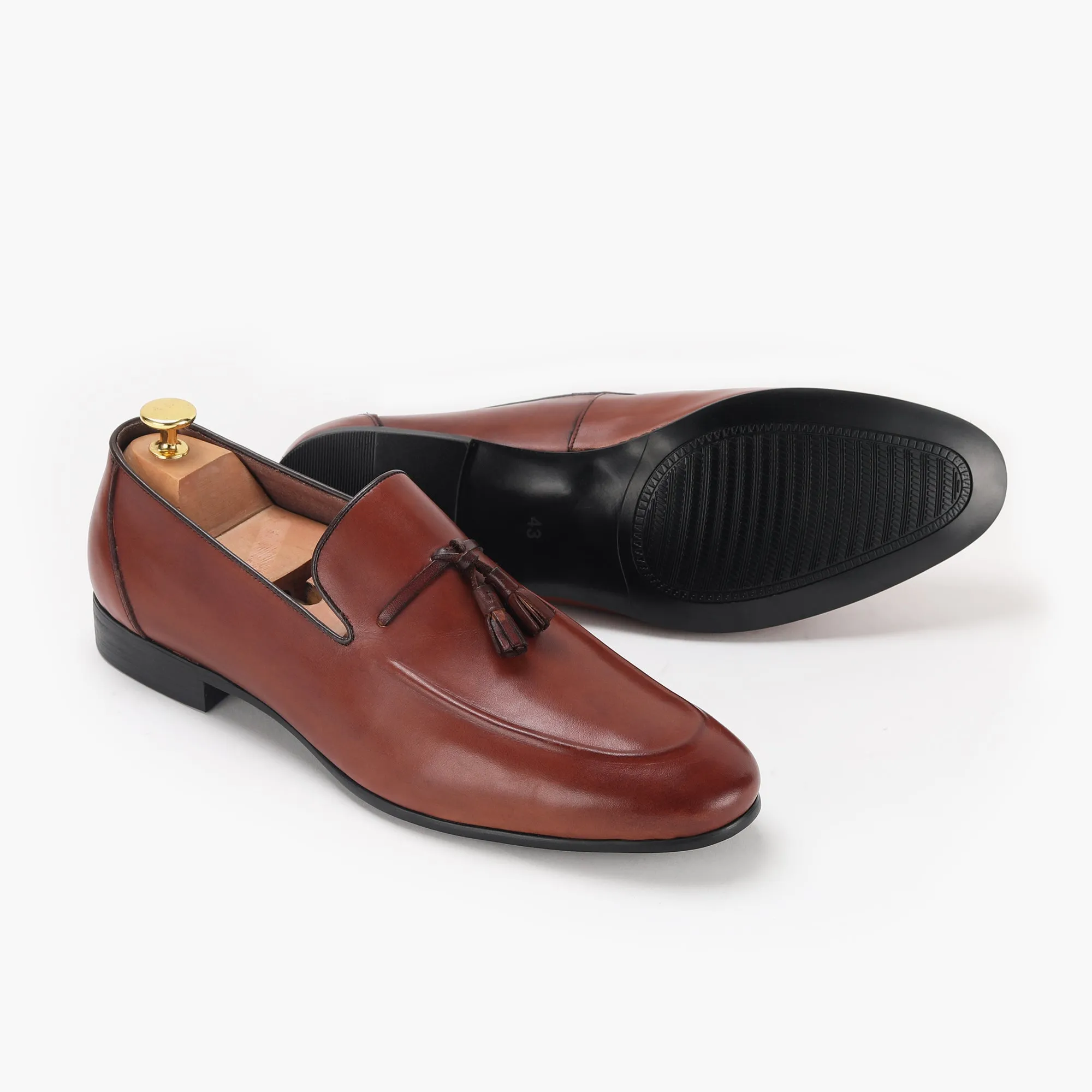 Burnished Leather Tassled Slip Ons