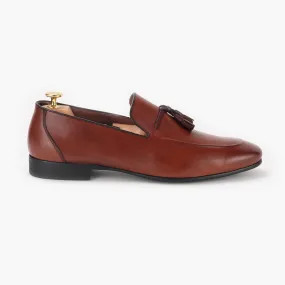Burnished Leather Tassled Slip Ons
