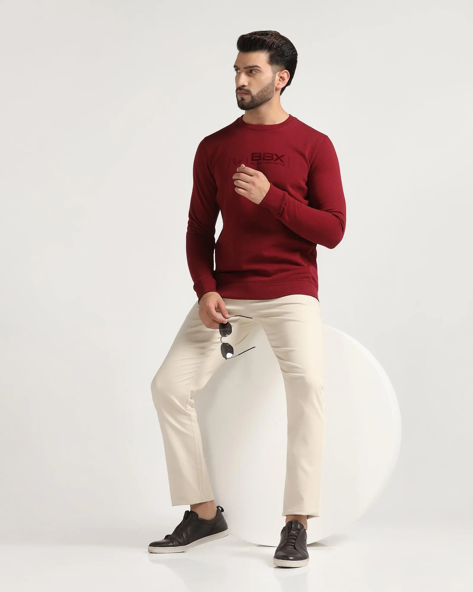 Crew Neck Maroon Solid Sweatshirt - Jame