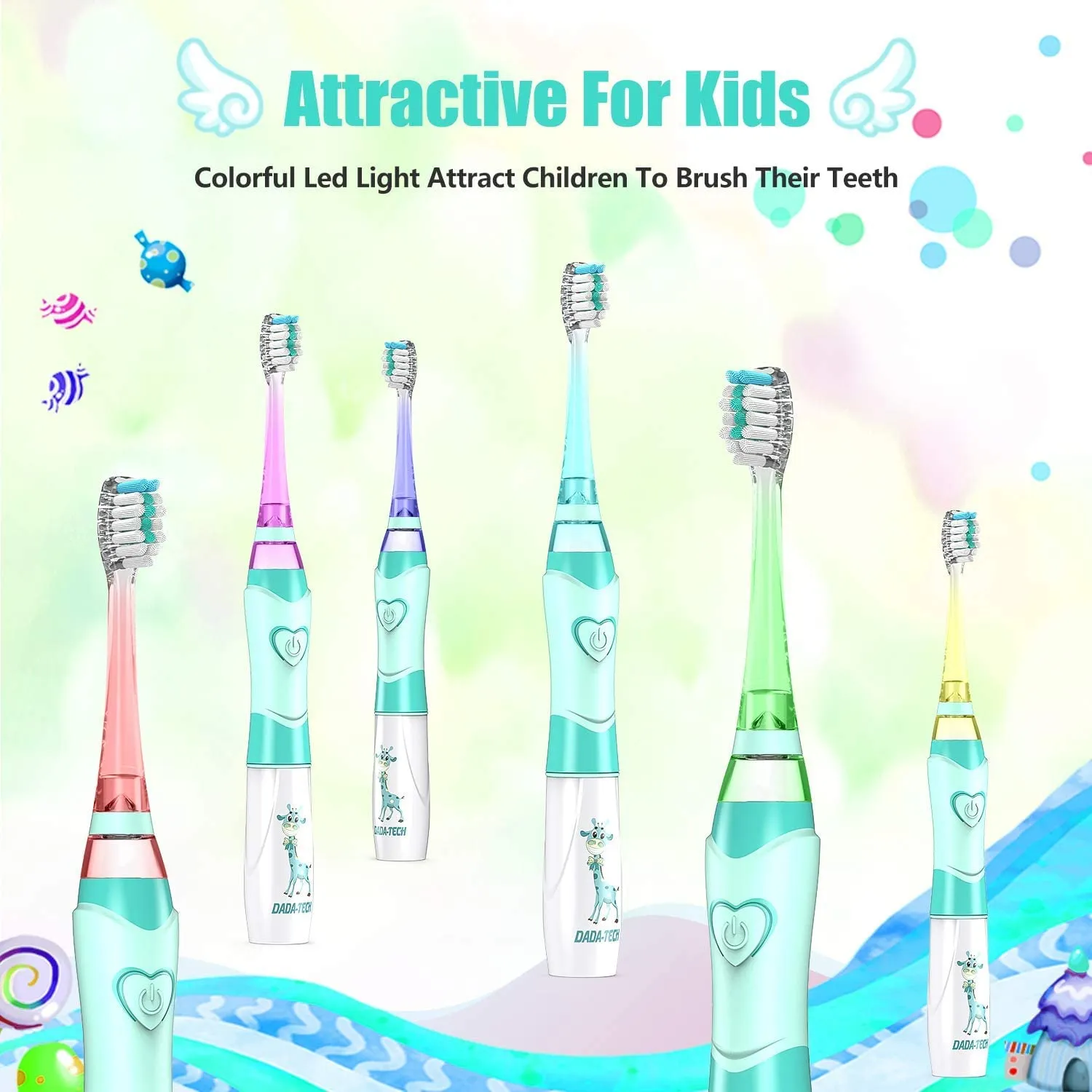 DADA-TECH Kids Electric Toothbrush Green with Replacement Heads (DT-K6)