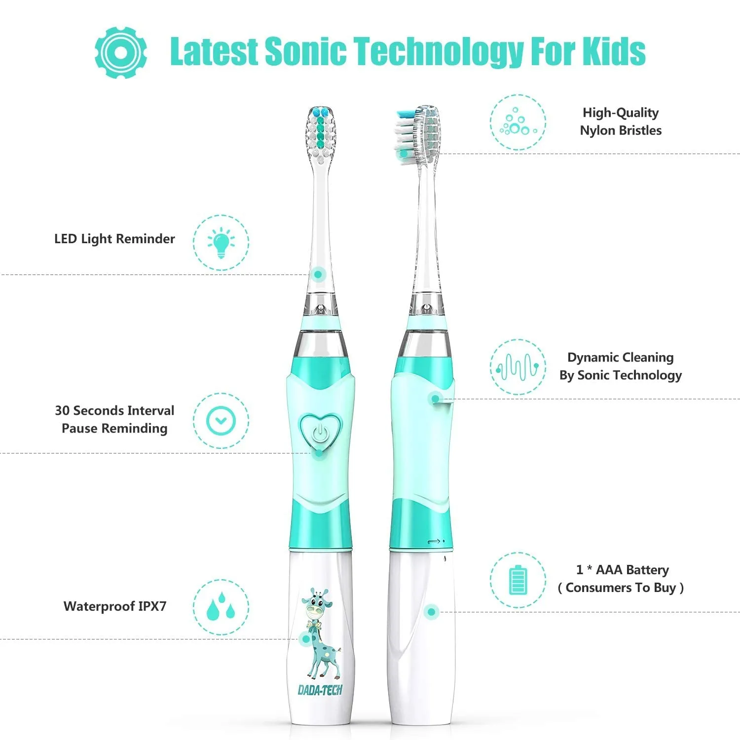 DADA-TECH Kids Electric Toothbrush Green with Replacement Heads (DT-K6)