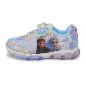 Disney Frozen Girl's Lighted Athletic Sneaker Elsa and Anna Light Up Shoes Children W/Adjustable Strap Silver/Blue