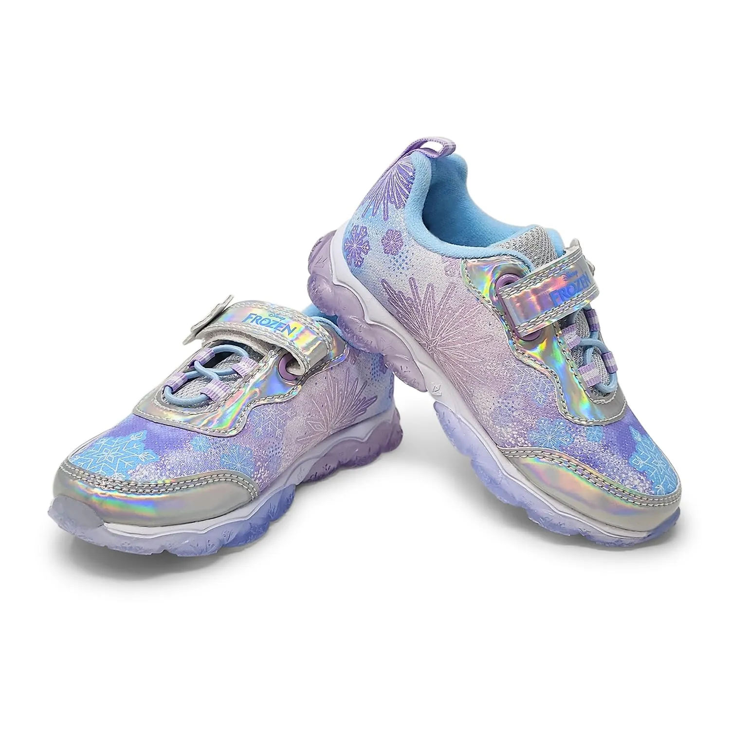 Disney Frozen Girl's Lighted Athletic Sneaker Elsa and Anna Light Up Shoes Children W/Adjustable Strap Silver/Blue