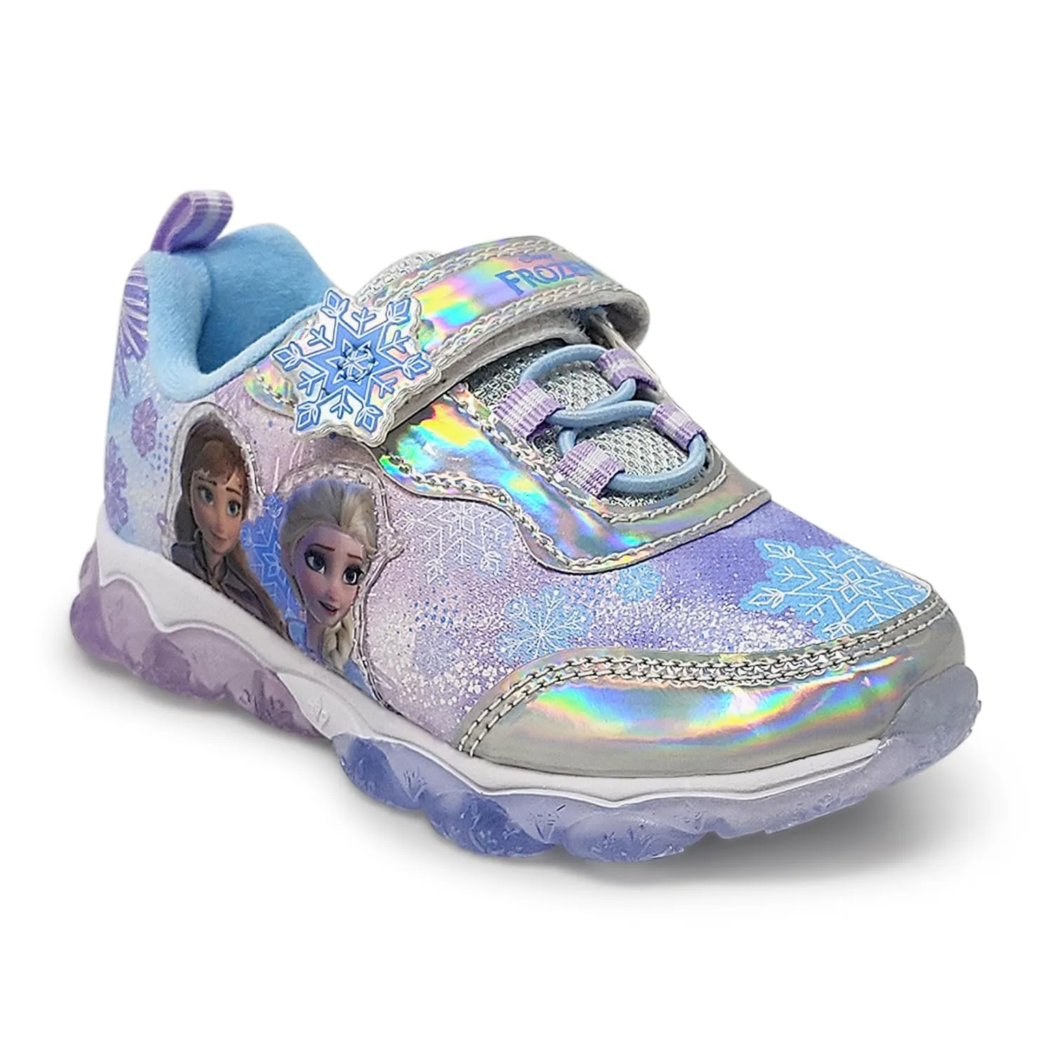 Disney Frozen Girl's Lighted Athletic Sneaker Elsa and Anna Light Up Shoes Children W/Adjustable Strap Silver/Blue