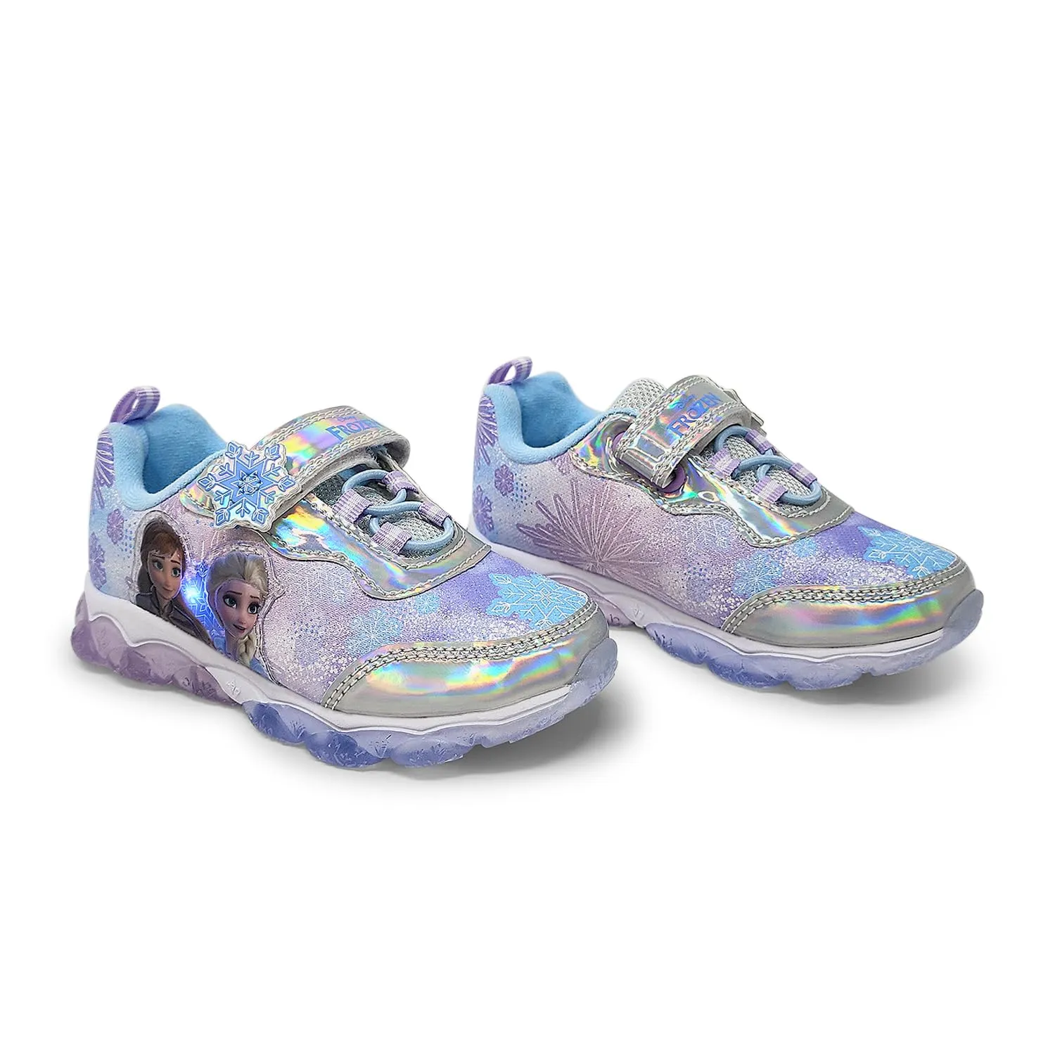 Disney Frozen Girl's Lighted Athletic Sneaker Elsa and Anna Light Up Shoes Children W/Adjustable Strap Silver/Blue