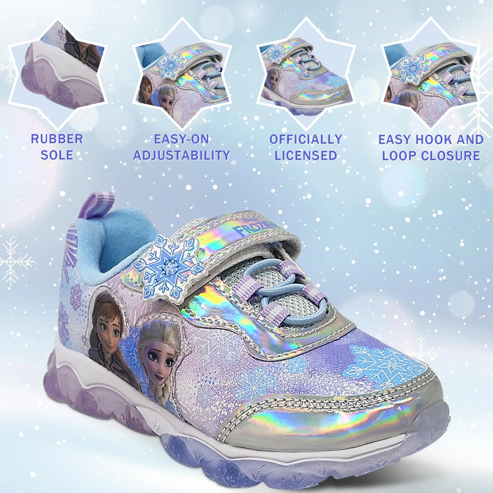 Disney Frozen Girl's Lighted Athletic Sneaker Elsa and Anna Light Up Shoes Children W/Adjustable Strap Silver/Blue