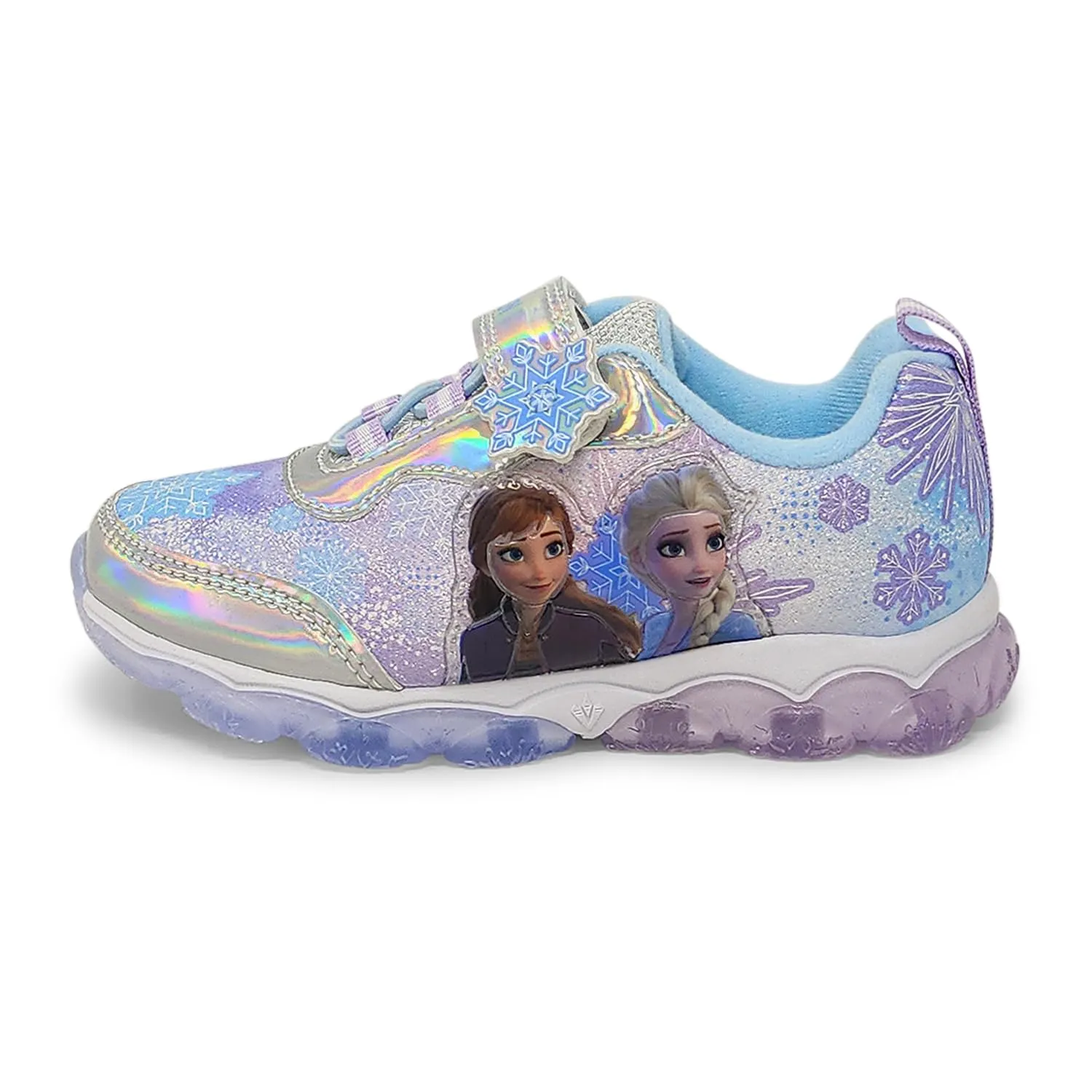 Disney Frozen Girl's Lighted Athletic Sneaker Elsa and Anna Light Up Shoes Children W/Adjustable Strap Silver/Blue