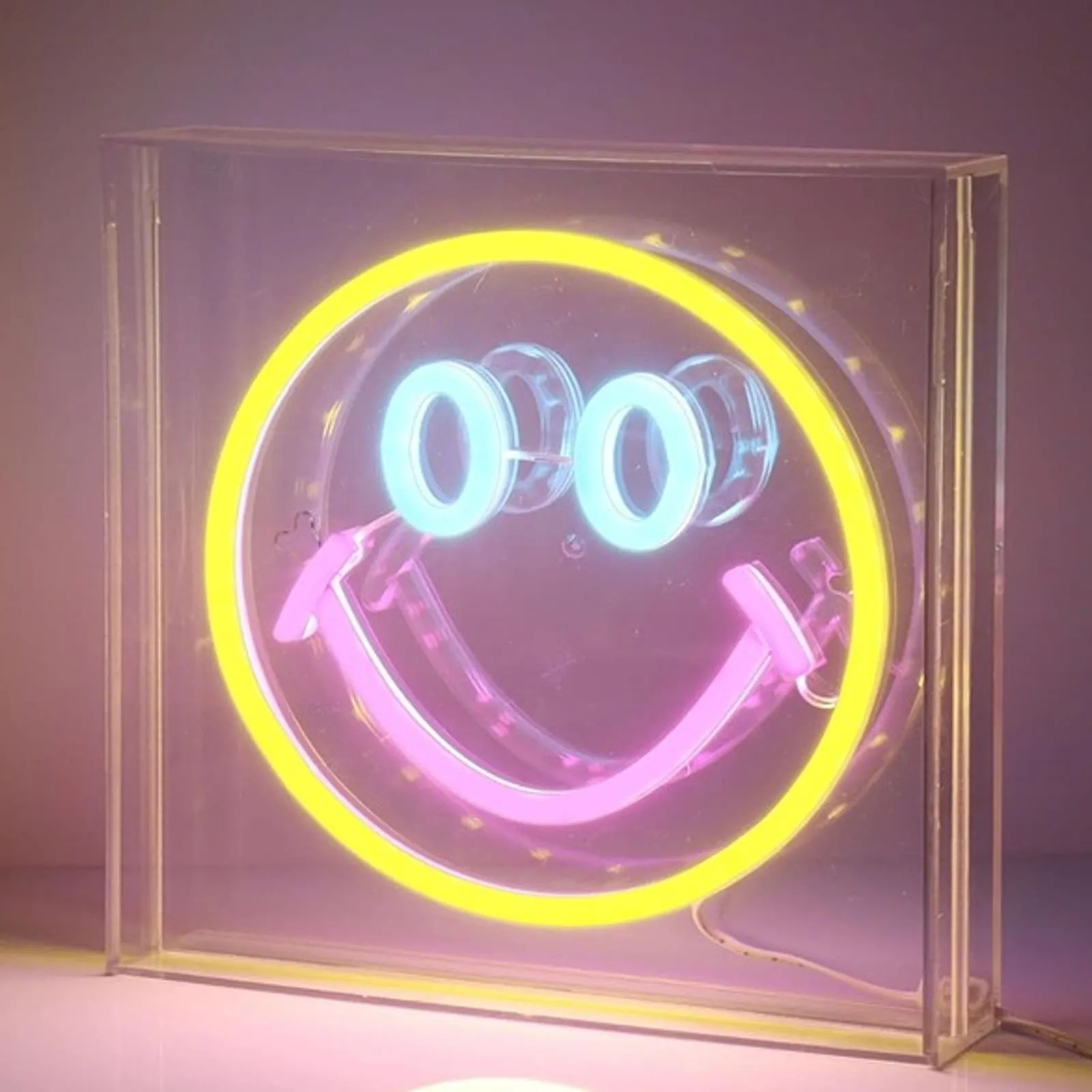 Fun Bright Yellow / Pink Smiley Face LED Night Light Box Room Wall Decor