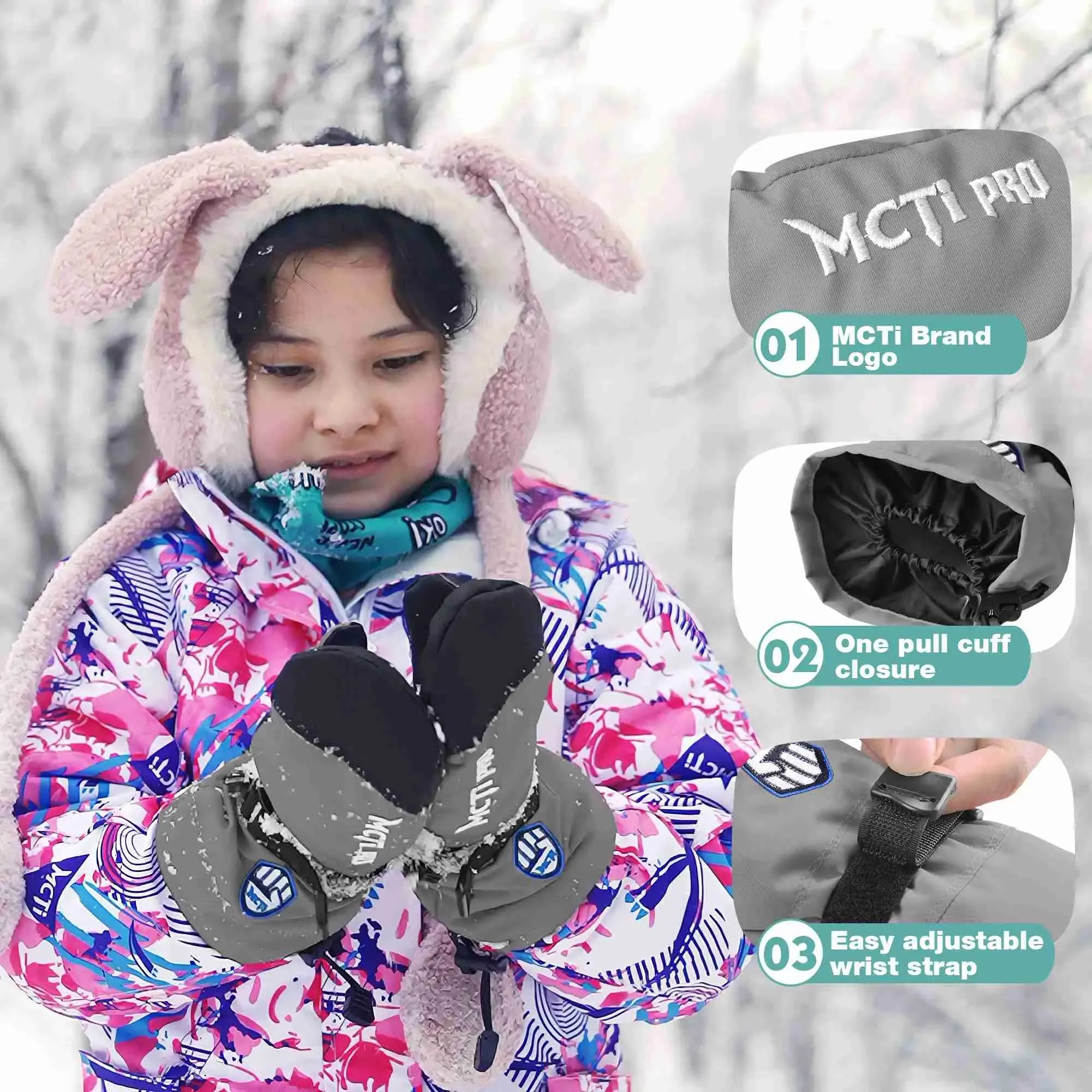 MCTi Kids Ski Mittens - Removable Sherpa Lining  (2-16 Years)