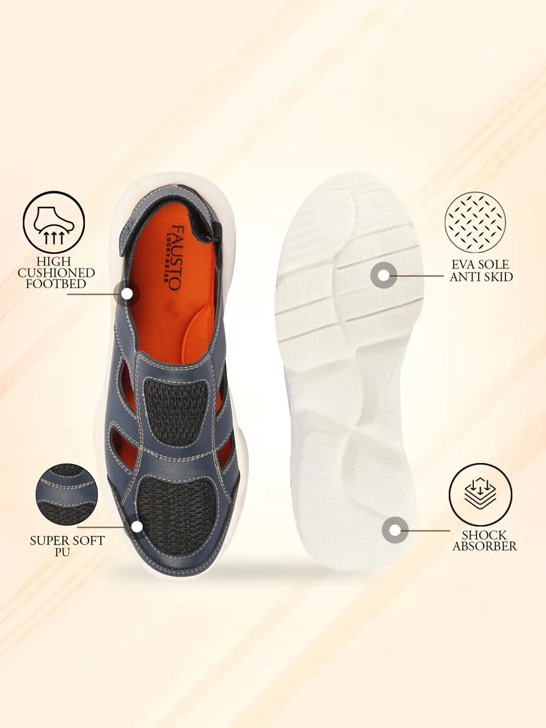 Men Navy Blue Hook and Loop Breathable Back Strap Ultra Lightweight Sports Shoe Style Sandals