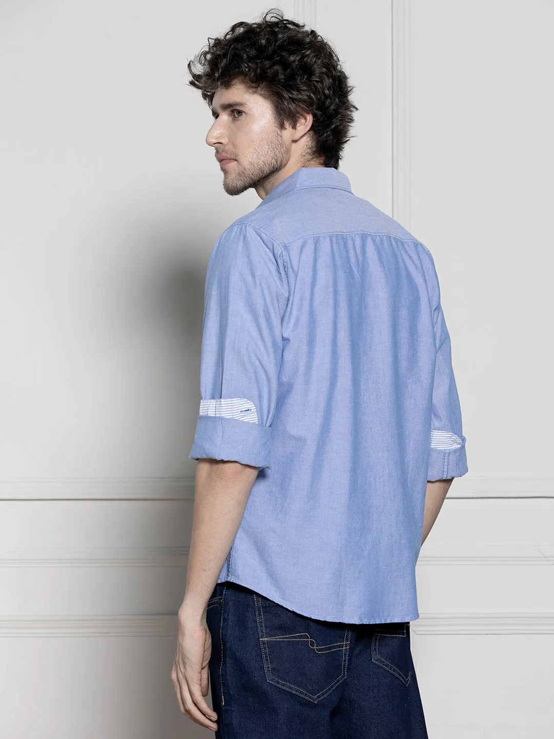 Men's Blue Solid Spread collar Casual Cotton Shirt
