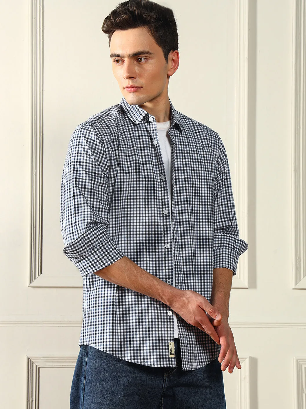 Men's Button Down Collar Regular Fit Checks Blue Casual Shirt