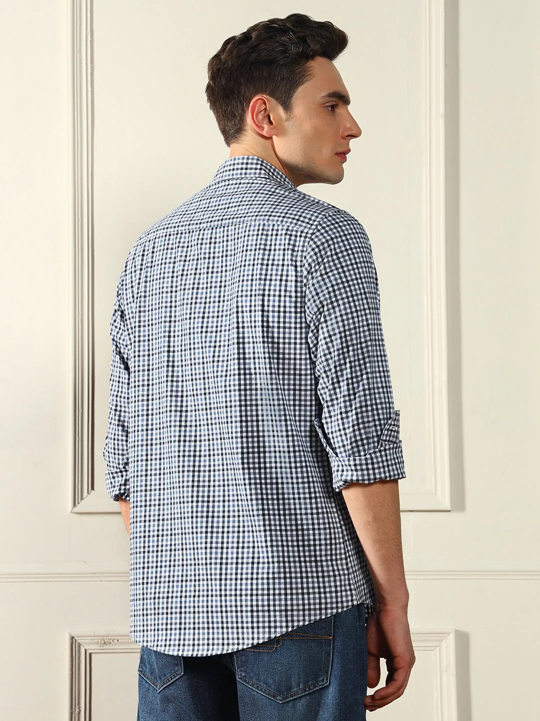 Men's Button Down Collar Regular Fit Checks Blue Casual Shirt