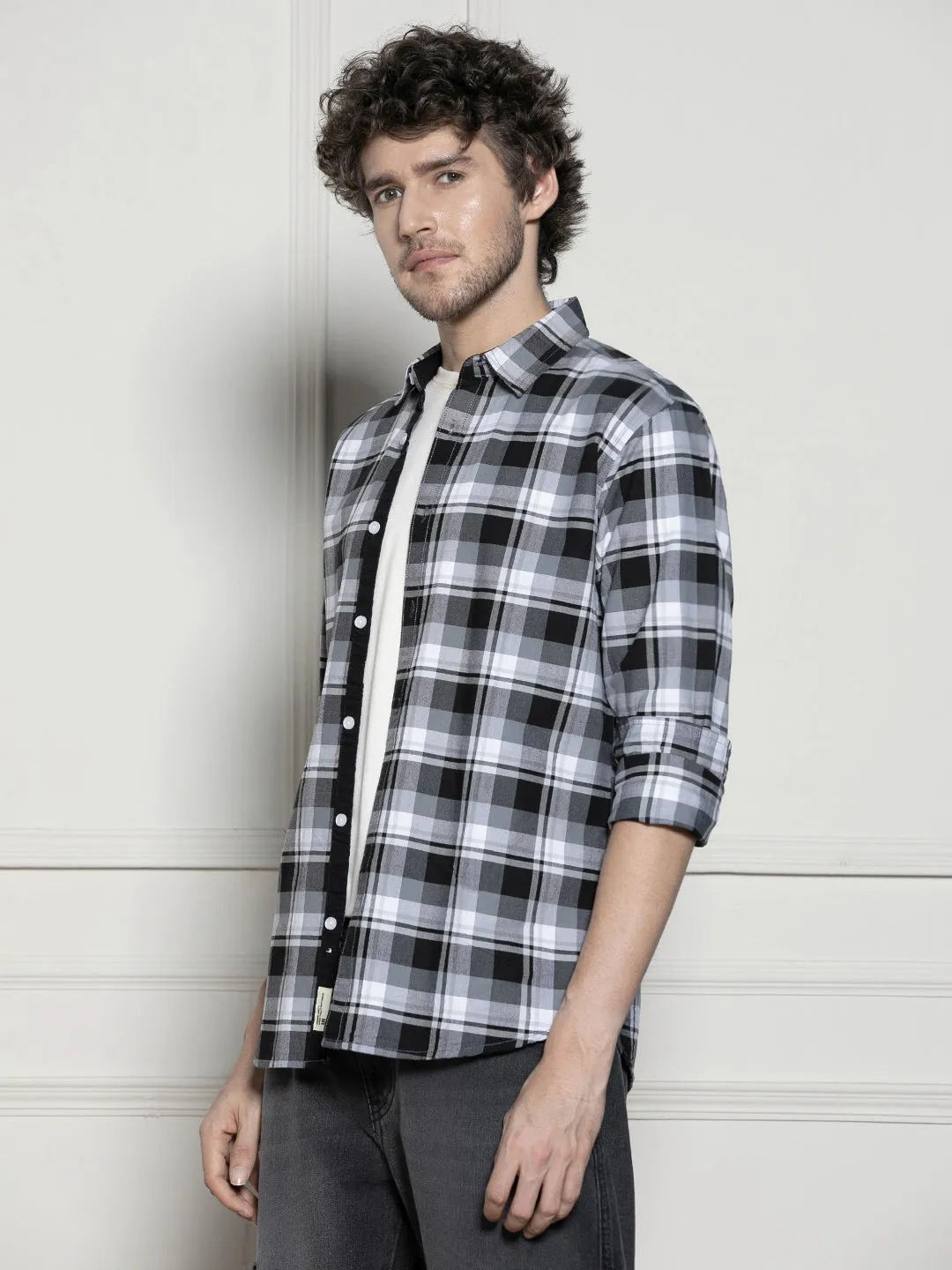 Men's Tartan Checks Black Casual Cotton Shirt