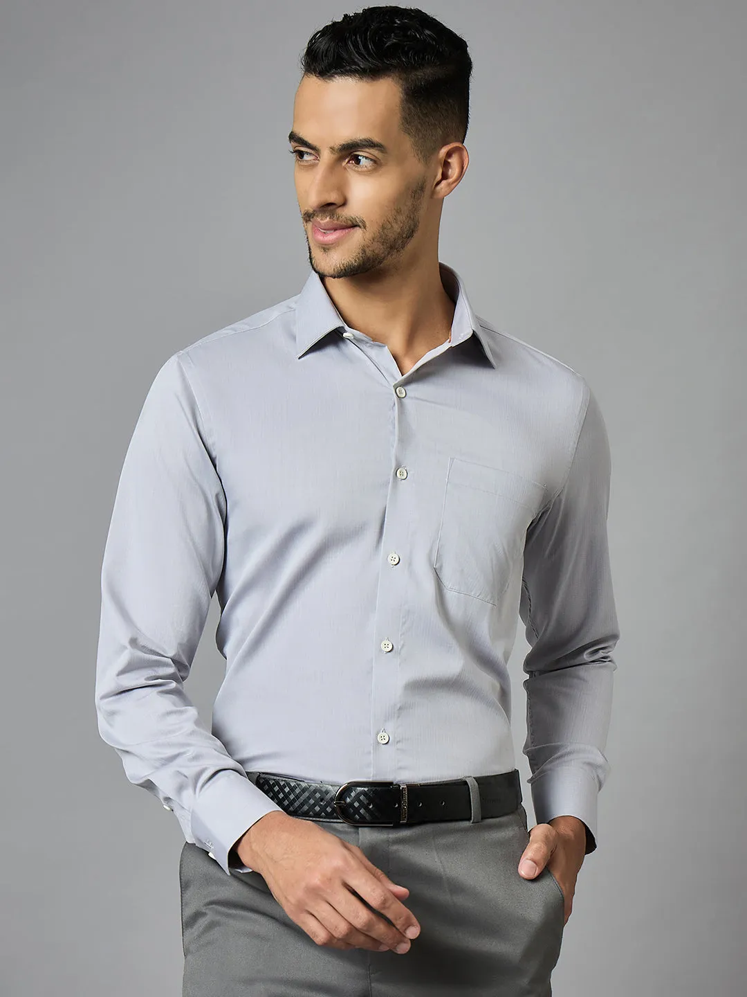 Men's Textured Grey Full Sleeves Regular Fit Formal Shirt