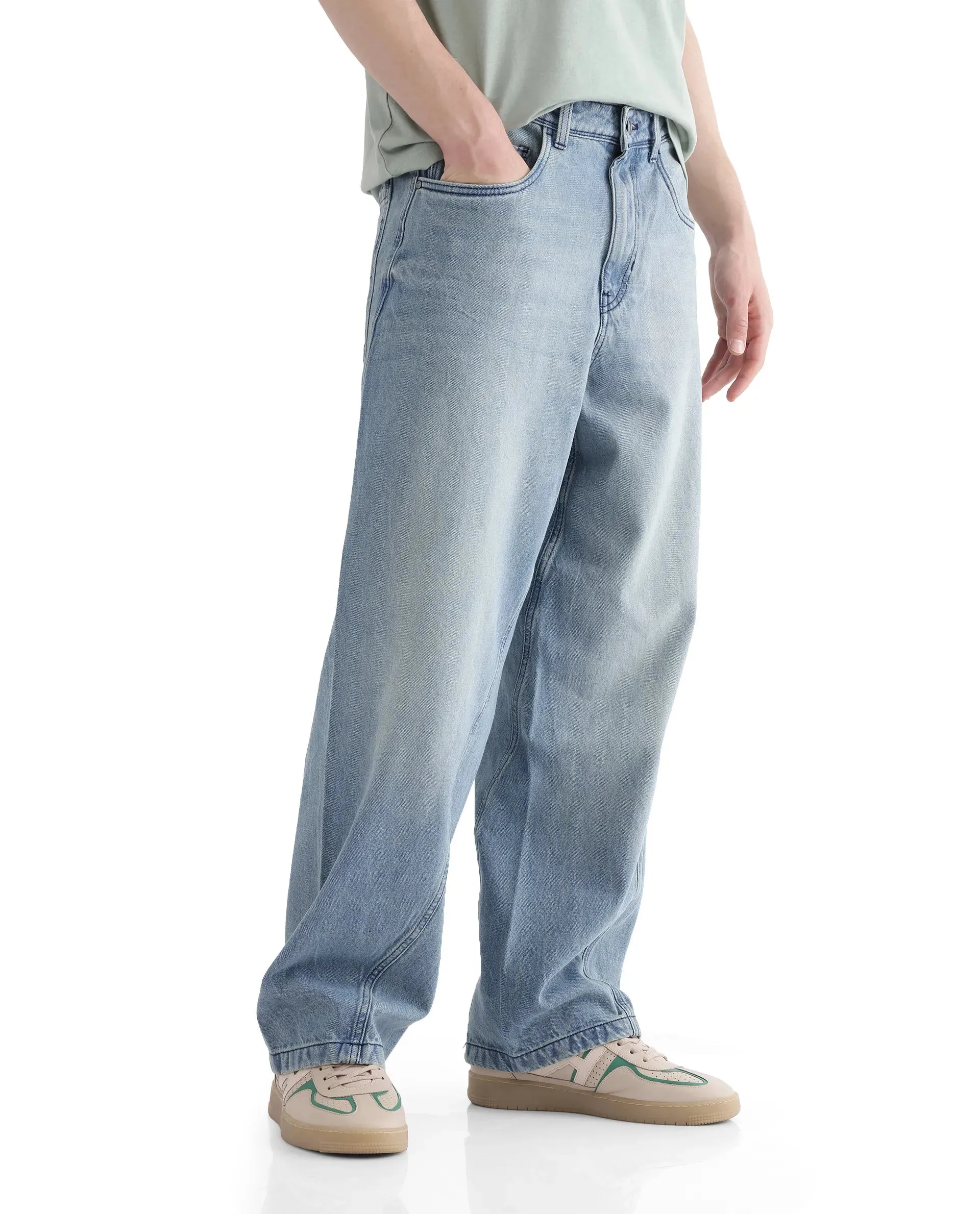 Rare Rabbit Men Bo Blue Cotton Fabric Light Wash Mid Rise Baggy Fit Jeans