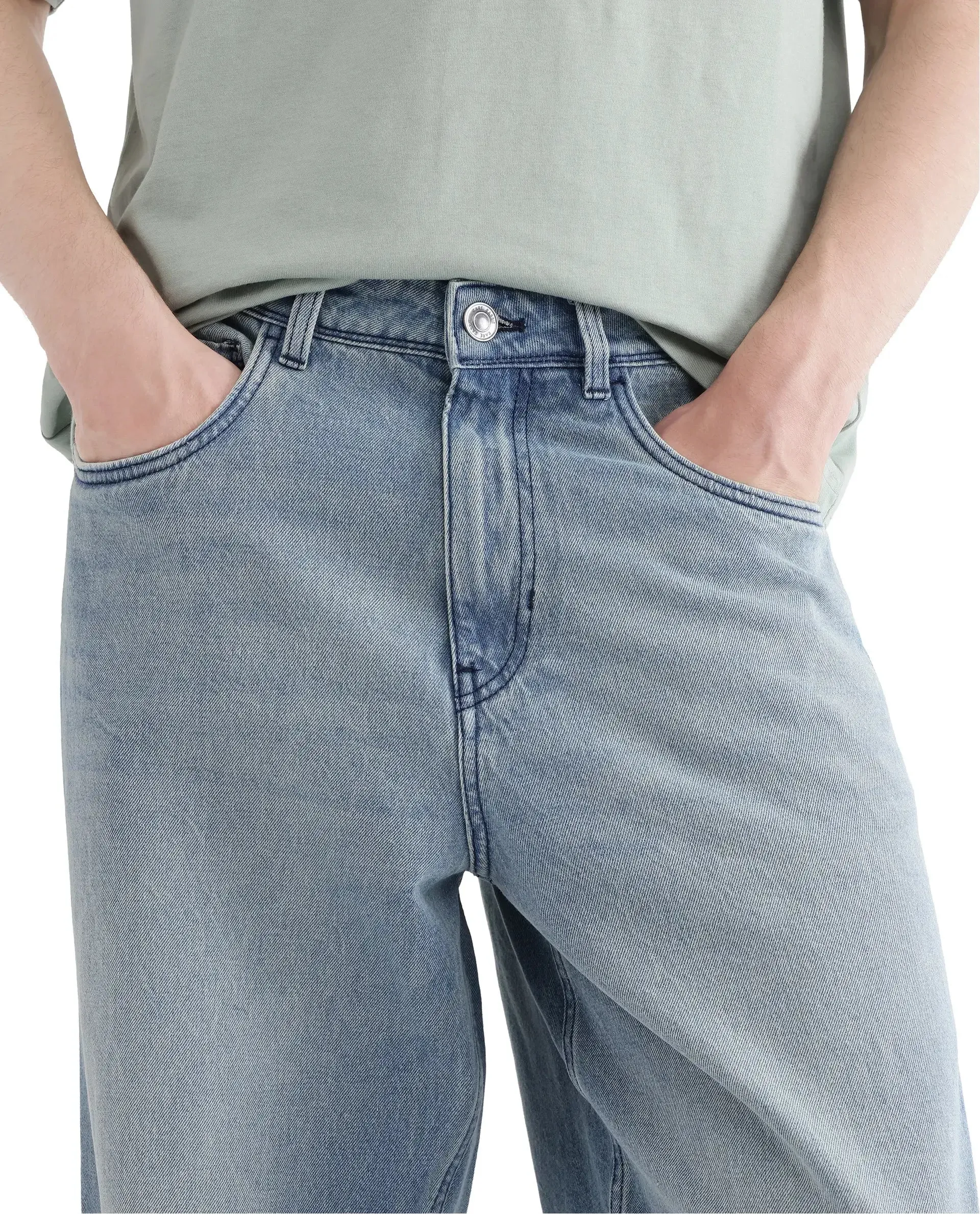 Rare Rabbit Men Bo Blue Cotton Fabric Light Wash Mid Rise Baggy Fit Jeans