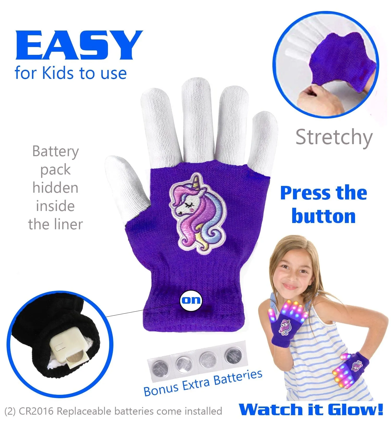 The Noodley Kids' Unicorn LED Light Up Gloves