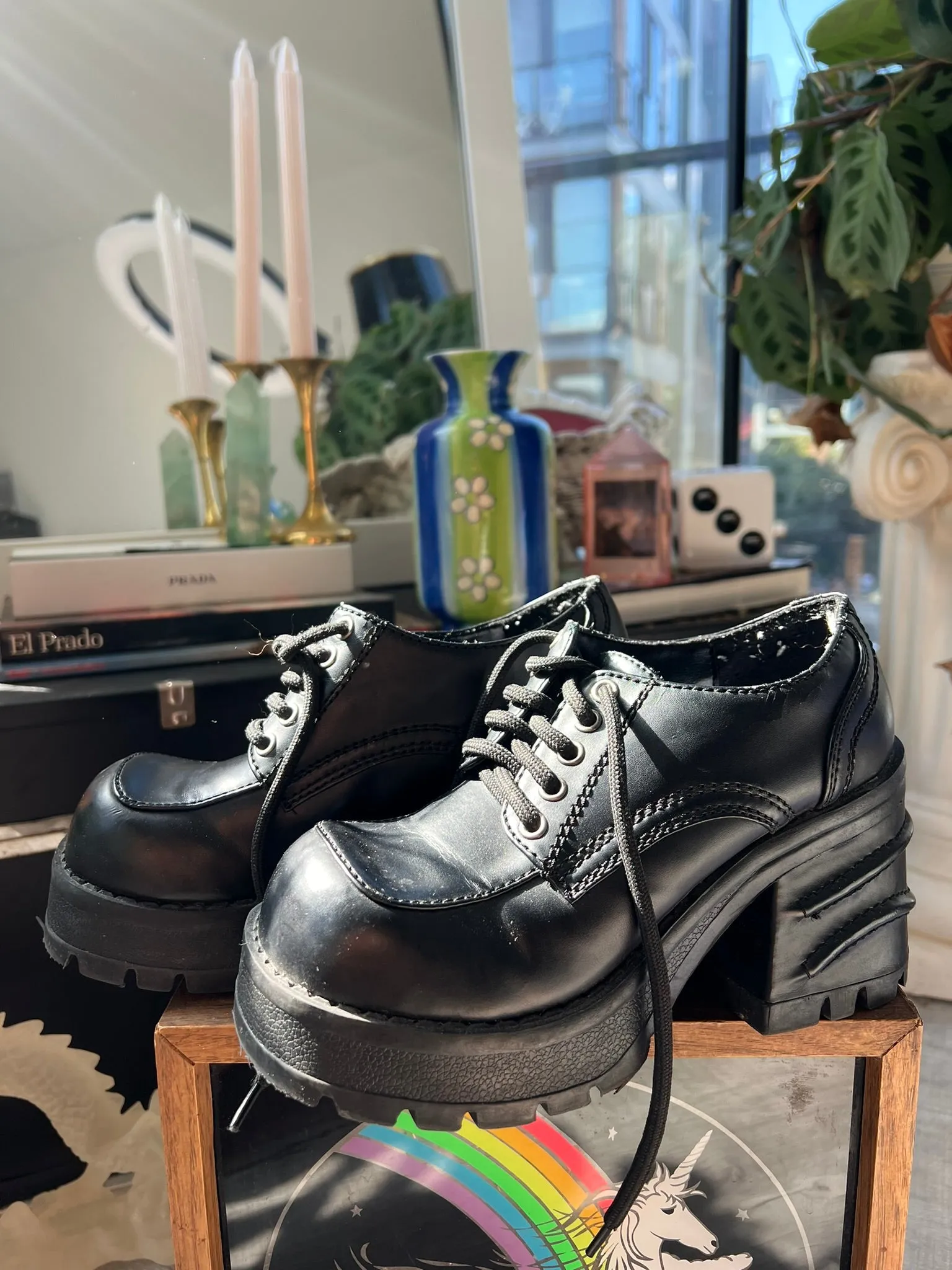 Vintage 90s Deadstock Black Platform Chunky Lace Up Oxfords by Bakers